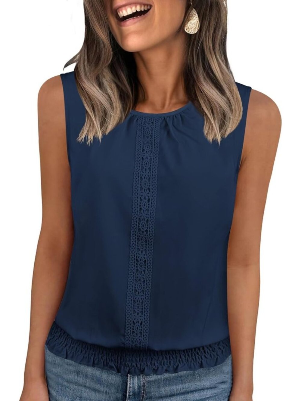 Chic Women's Sleeveless Summer Tank Top - Casual Pleated Blouse with Lace Hem